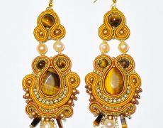 Cercei lungi "Golden Tiger eye" - cercei aurii cu ochi de tigru si perle de cultura