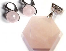 Set geometric pandantiv si cercei din Argint 925, Cuart roz - PA436, CE436 - colier si cercei pietre semipretioase, cadou romantic elegant pentru sotie, cercei delicati
