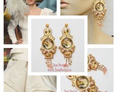 Cercei oversized crem cu cristale, cercei eleganti crem cu aramiu, cercei haute couture cu perle si cristale
