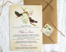 Invitatie nunta vintage, invitatie păsări, invitatie rustica, invitatie roz, sfoara, tag, plic
