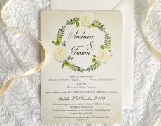 Invitatie nunta White Roses, invitatie rustica, invitatie flori, invitatie flori, natura, trandafiri