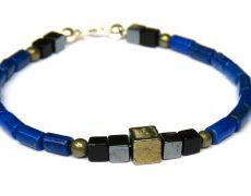 Bratara unisex / barbati din Argint 925, Lapis lazuli, Pirita, Hematit si Onix - BR520 - Bratara eleganta, bratara casual, bratara barbateasca, bratara albastra neagra aurie