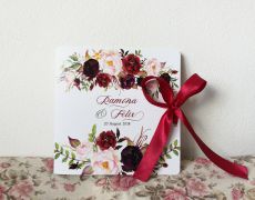 Invitatie nunta flori rosu inchis, fara plic, Invitatie nunta de toamna, invitatie florala, panglica