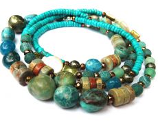 Colier albastru turcoaz extra long din Apatit, Crisocola, Turcoaz, Jasp Serpentin, Agate, Pirita, Hematit cuprat si aurit, Perle de cultura albe si Argint 925 - CO514 - Colier lung din pietre semipretioase, cadou romantic, colier boho, colier tribal chic