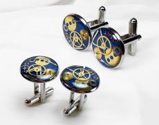 Butoni si ac de rever lavalier piept, butoni steampunk cu piese de ceas, butoni din rasina, cadou set pentru el unisex