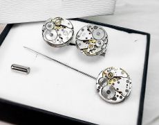 Set cadou ac si butoni costum, mecanism de ceas steampunk, ac pin de costum rever lavaliera, butoni mecanici, cadou pentru el