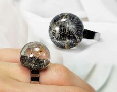 Inel inoxidabil din rasina cu sfera glob puf de papadie, inel negru semint de papadie
