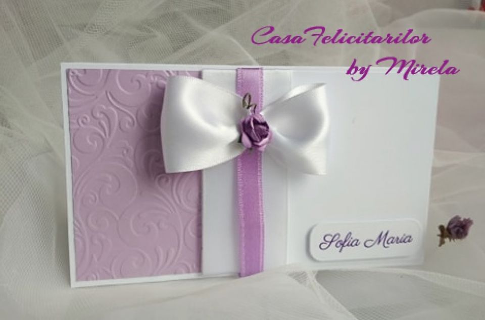 Invitatie Botez Fetite Cu Fundita Si Trandafir Breslo