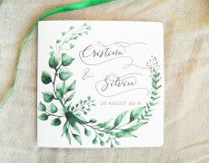Invitatie nunta cu frunze, simpla, rustica, fara plic, Invitatie nunta moderna, invitatie verde, panglica