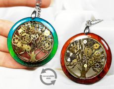Pandantiv din lemn, colier cu medalion copac cu piese de ceas, tree of life, copacul vietii