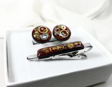 Set butoni si ac de cravata din lemn cu piese de ceas steampunk, accesorii pentru costum, cadou pentru el