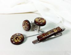 Set x3 piese, butoni, ac de cravata si ac de rever, din lemn cu piese de ceas steampunk, accesorii pentru costum, cadou pentru el