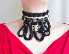 Colier/Choker Steampunk Gotic cu franjuri si margele, colier cu snururi, colier la baza gatului, colier statement