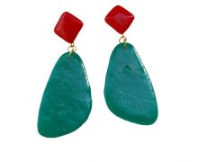 Statement Earrings - Modern and minimal every day jewelry- Turquoise & rosu, handmade jewelry, boho earrings,.Cercei mari modelati manual din argila polimerica